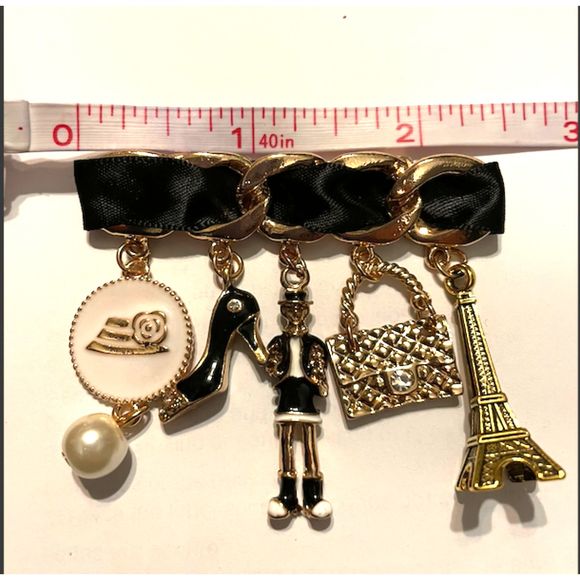 Brooch Pin with charms Satin Ribbon Gold Hardware - Picture 3 of 4